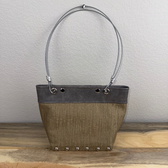 Hardwear by Renee Handbag Gray Silver Gold Wood Wire Industrial Studded SO COOL! - Picture 1 of 16